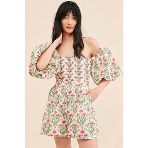 Especia Floral Printed Off The Shoulder‎ Romper Cotton Puff Sleeves Size L